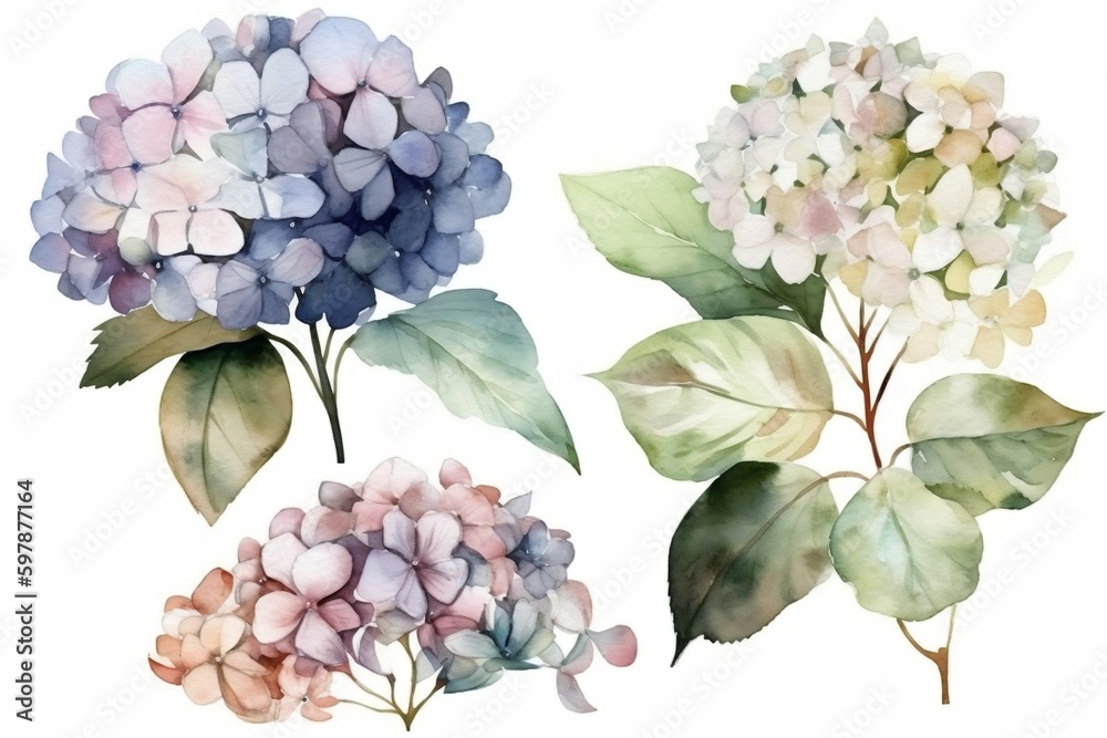 Watercolor floral bouquet of a blue, white and pink hydrangea with green blush leaves, for wedding invitations, greetings, wallpapers, fashion, prints. flowers. AI Generated	
 - obrazy, fototapety, plakaty 