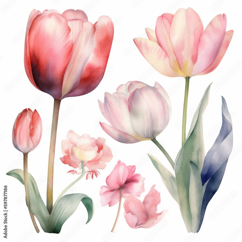 Watercolor floral bouquet of red tulips with green blush leaves, for wedding invitations, greetings, wallpapers, fashion, prints. flowers. AI Generated	
