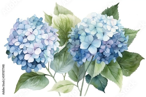 Watercolor floral bouquet of a blue  white and pink hydrangea with green blush leaves  for wedding invitations  greetings  wallpapers  fashion  prints. flowers. AI Generated  