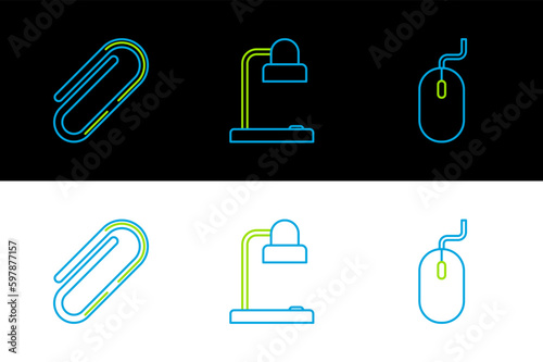 Set line Computer mouse, Paper clip and Table lamp icon. Vector