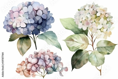 Watercolor floral bouquet of a blue, white and pink hydrangea with green blush leaves, for wedding invitations, greetings, wallpapers, fashion, prints. flowers. AI Generated	
