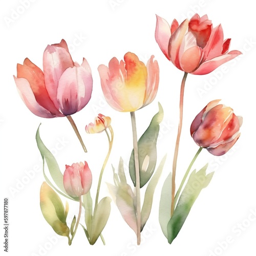 Watercolor floral bouquet tulip with green blush leaves  for wedding invitations  greetings  wallpapers  fashion  prints. flowers. AI Generated  