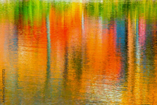 Abstract Reflections Of Colored Trees On The River In Fall