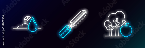 Set line Tree with apple, Watering sprout and Gardening handmade scissors for trimming icon. Glowing neon. Vector