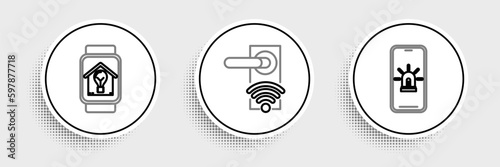 Set line Mobile phone with smart house and alarm, Smart watch light bulb and Digital door lock wireless technology for unlock icon. Vector