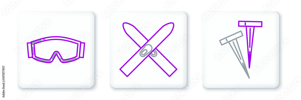 Set line Pegs for tents, Ski goggles and and sticks icon. Vector Set line Pegs for tents, Ski goggles and and sticks icon. Vector