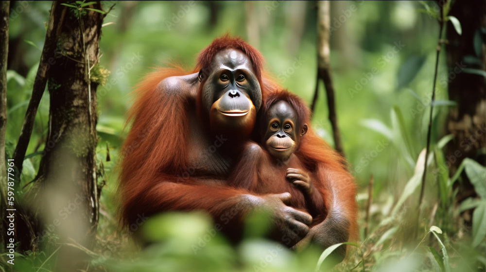 Fototapeta premium Orangutan mother and child. Illustration AI Generative.