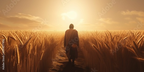 realistic, the back of the prophet Joseph walk in a big farm in the harvest season and all the egypt empire in front of him he look at the sun raising his hands and pray to god, Generative IA