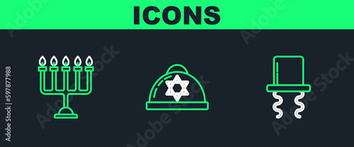 Set line Orthodox jewish hat with sidelocks, Hanukkah menorah and Jewish kippah star of david icon. Vector