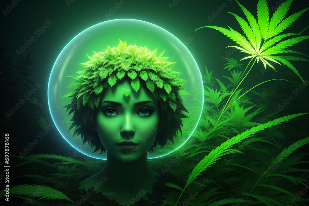 Portrait of a green-skinned woman with a hairdo of plant leaves surrounded by cannabis on a green background. AI generative