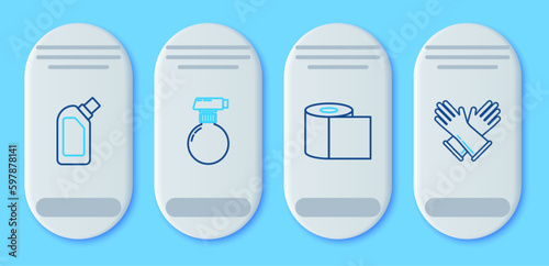 Set line , Toilet paper roll, Plastic bottles for liquid dishwashing liquid and Rubber gloves icon. Vector