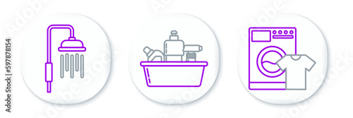 Set line Washer and t-shirt, Shower head with water drops flowing and Plastic bottles for liquid dishwashing liquid icon. Vector