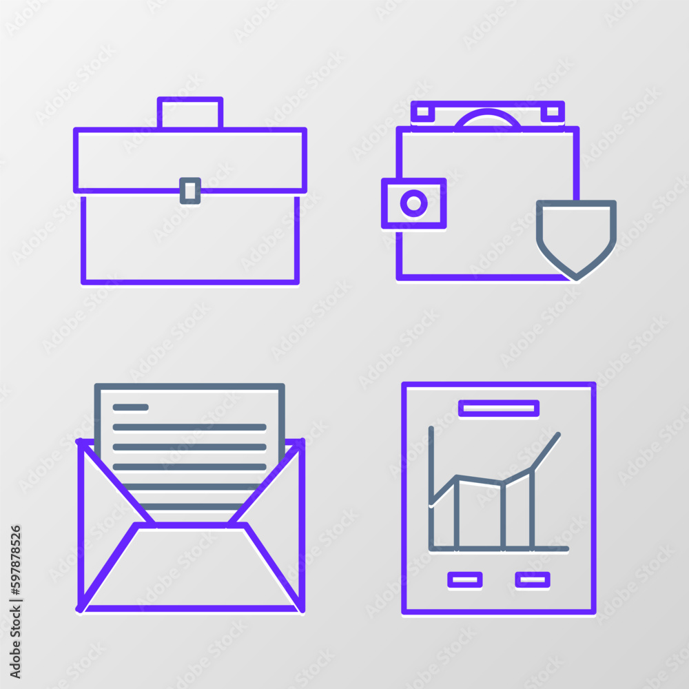 Set line Document with graph chart, Mail and e-mail, Wallet money shield and Briefcase icon. Vector Set line Document with graph chart, Mail and e-mail, Wallet money shield and Briefcase icon. Vector