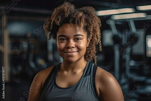 AI generated a portrait of a plump African-American woman with gym equipment in the background. Body positive concept.