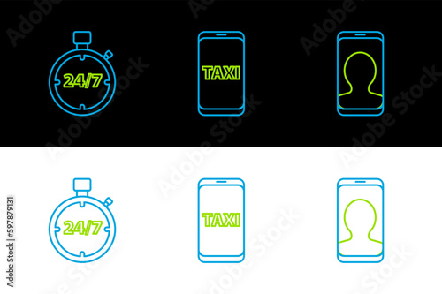 Set line Taxi call telephone service, Stopwatch 24 hours and icon. Vector