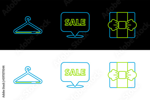Set line Gift box, Hanger wardrobe and Hanging sign with Sale icon. Vector