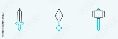 Set line Battle hammer, Medieval sword and Japanese ninja shuriken icon. Vector