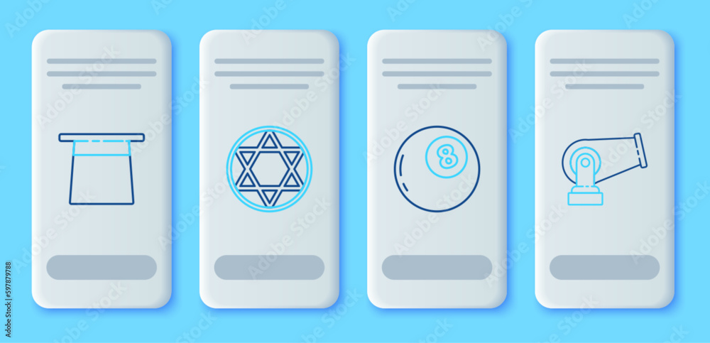 Set line Star of David, Magic ball predictions, Magician hat and Cannon icon. Vector