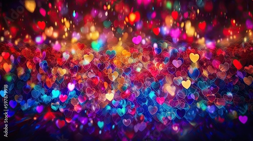 Magical Valentine Night Illumination of Colourful Heart Pattern Background, Full of Bling and Beauty, Generative AI