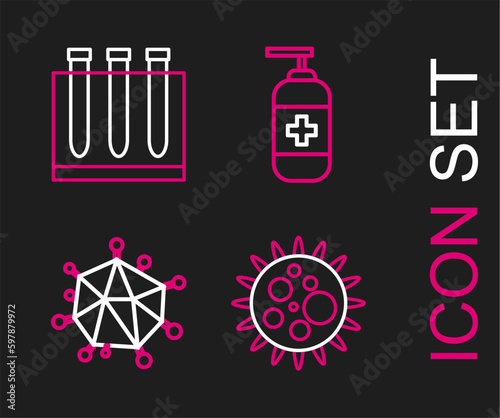 Set line Virus, Bottle of liquid antibacterial soap and Blood test and virus icon. Vector