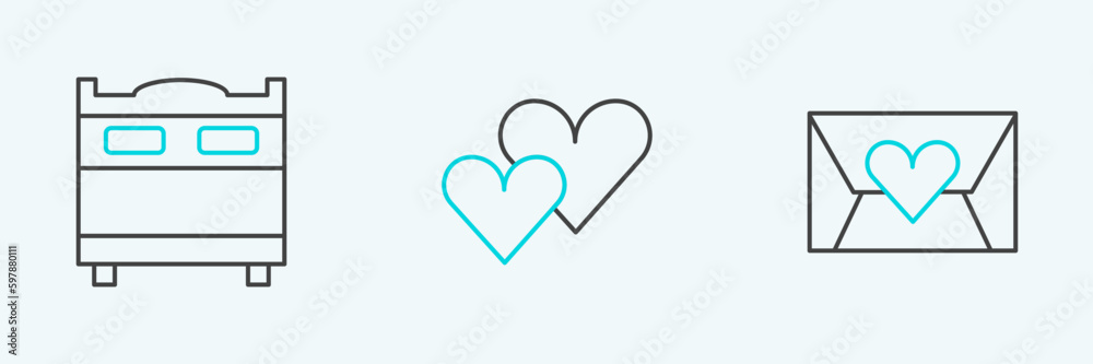 Set line Envelope with Valentine heart, Bedroom and Heart icon. Vector