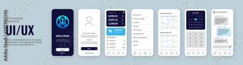 Mobile application design template. UI UX elements set with blue color logo and dark background. Can be used for mobile banking or shop. Include login form, main screen, charts, chat and calendar.