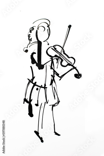 little girl violinist playing the violin. hand drawn black ink sketch illustration