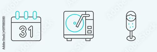 Set line Glass of champagne, Calendar and Vinyl player with vinyl disk icon. Vector