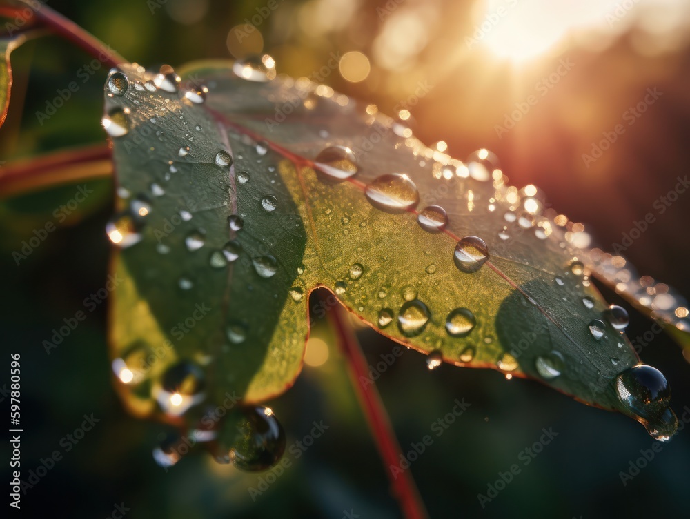 Sparkling Water Drops on Fresh Green Leaf. Concept of calmness and beauty at nature. Generative AI Sparkling Water Drops on Fresh Green Leaf. Concept of calmness and beauty at nature. Generative AI