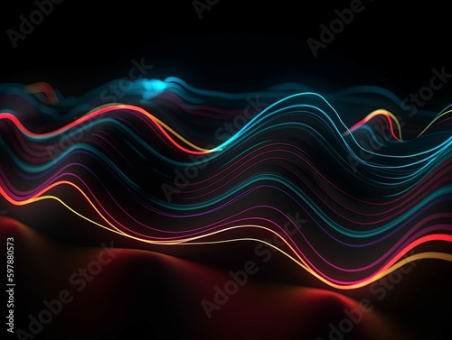 Abstract Neon wavy lights on black background. Minimalistic, flat lay, overhead view, copy space. Generative AI.