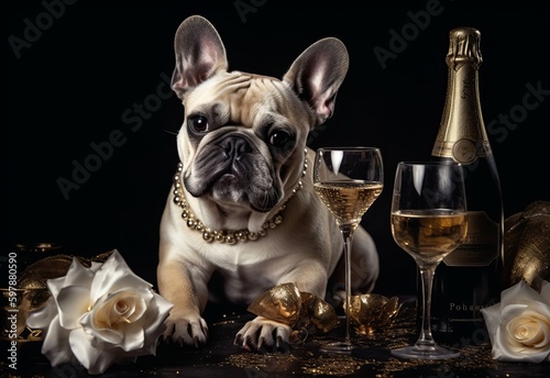 French bulldog dog celebrating the new year with a glass of champagne. Generative AI  