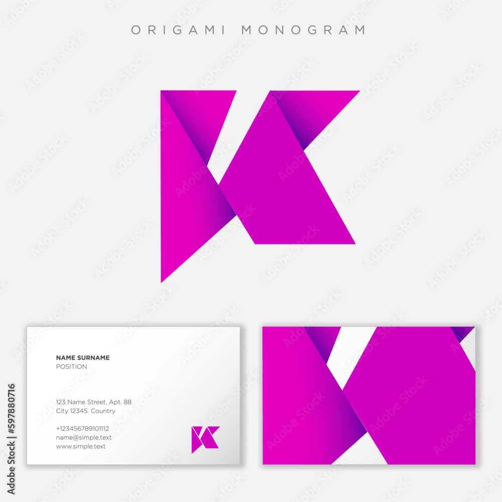 Letter K. Folded paper as K monogram like origami figure.