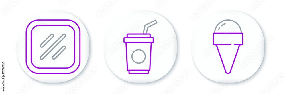 Set line Ice cream in waffle cone, Steak meat and Paper glass with straw icon. Vector Set line Ice cream in waffle cone, Steak meat and Paper glass with straw icon. Vector