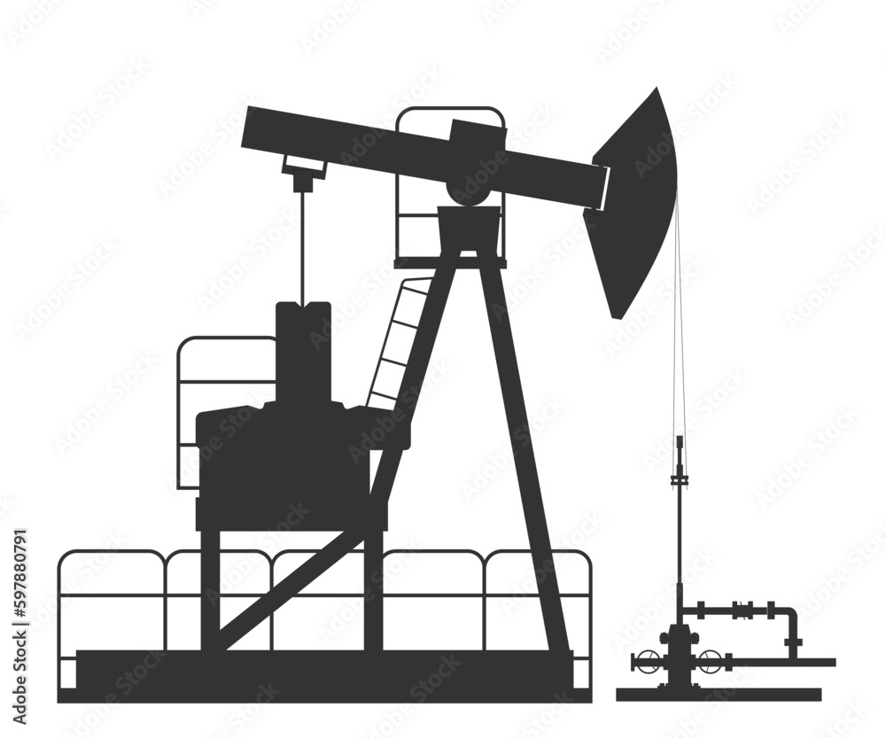 Oil derrick ,pump jack. Oil industry concept. Petroleum producing. Vector black on white silhouette. Oil rocker