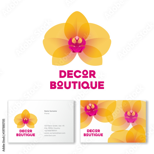 Yellow orchid flower logo. Decor Boutique icon. Business card.
