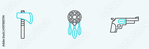 Set line Revolver gun, Tomahawk axe and Dream catcher with feathers icon. Vector