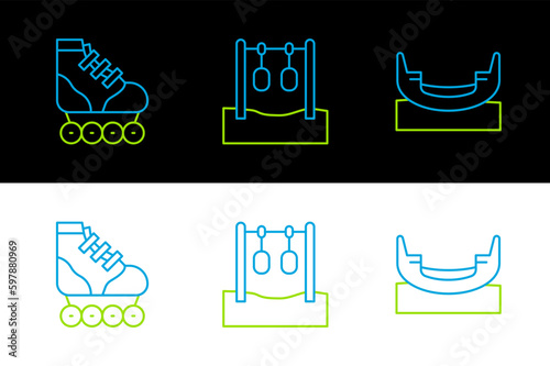 Set line Boat swing, Roller skate and Gymnastic rings icon. Vector