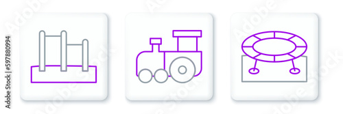 Set line Jumping trampoline, Horizontal bar and Toy train icon. Vector