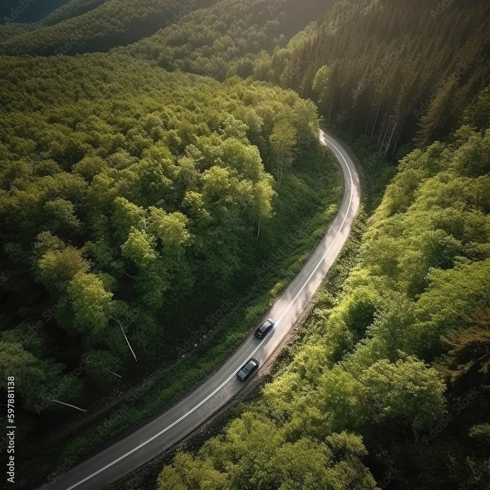 Fototapeta premium Aerial view of car traveling on winding mountain road in a forest. generative AI