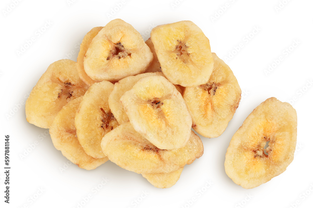 Dried banana chips isolated on white background with full depth of field. Top view. Flat lay Dried banana chips isolated on white background with full depth of field. Top view. Flat lay