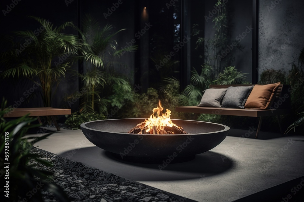 Firepit, fireplace outside. Modern house. Generative AI. Firepit, fireplace outside. Modern house. Generative AI.