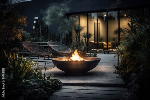Firepit, fireplace outside. Modern house. Generative AI.