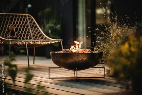 Firepit, fireplace outside. Modern house. Generative AI.