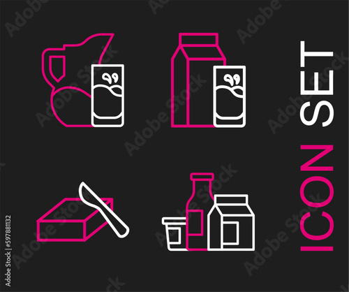 Set line Milk product, Butter in a butter dish, Paper package for kefir and jug pitcher and glass icon. Vector