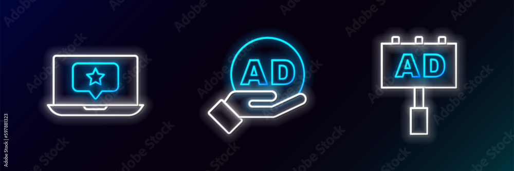 Set line Advertising, Laptop with star and icon. Glowing neon. Vector Set line Advertising, Laptop with star and icon. Glowing neon. Vector