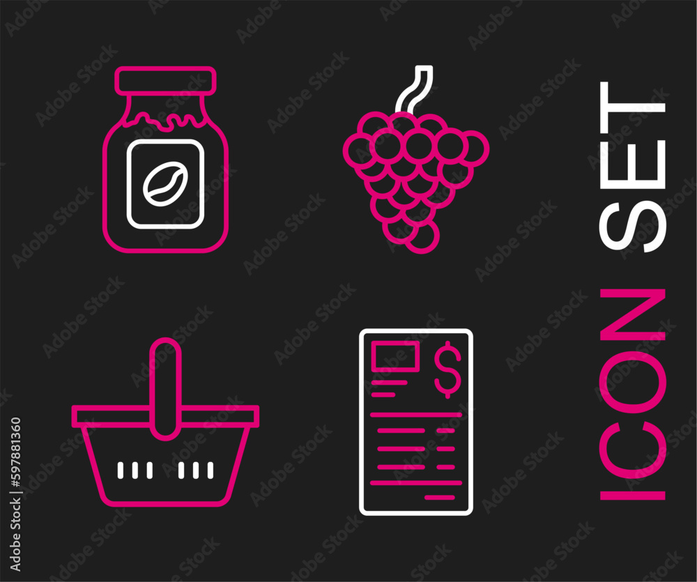 Set line Paper or financial check, Shopping basket, Grape fruit and Coffee jar bottle icon. Vector Set line Paper or financial check, Shopping basket, Grape fruit and Coffee jar bottle icon. Vector