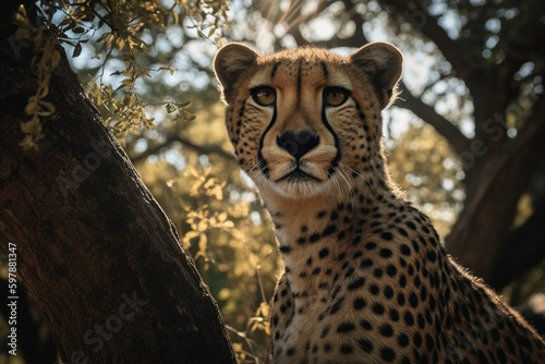Basking Cheetah (Acinonyx Jubatus): Graceful Form and Unique Patterns in Tree under Warm Midday Sun, Created with Generative AI Technology