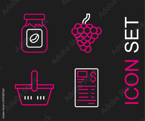 Set line Paper or financial check, Shopping basket, Grape fruit and Coffee jar bottle icon. Vector