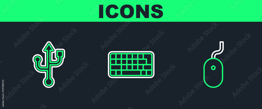 Set line Computer mouse, USB and Keyboard icon. Vector Set line Computer mouse, USB and Keyboard icon. Vector