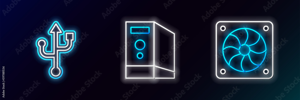 Set line Computer cooler, USB and Case of computer icon. Glowing neon. Vector Set line Computer cooler, USB and Case of computer icon. Glowing neon. Vector